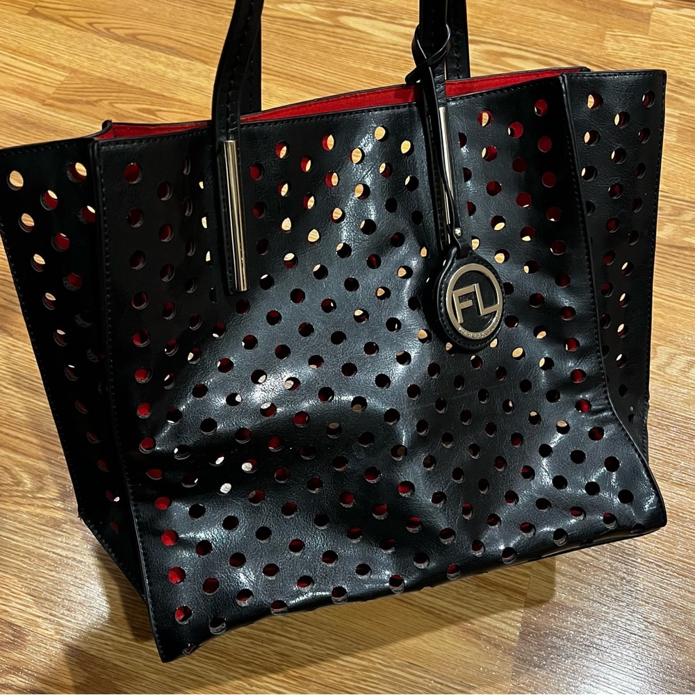 Frank Lyman Design structured Black Polka Dot Cut Out‎ Tote Bag